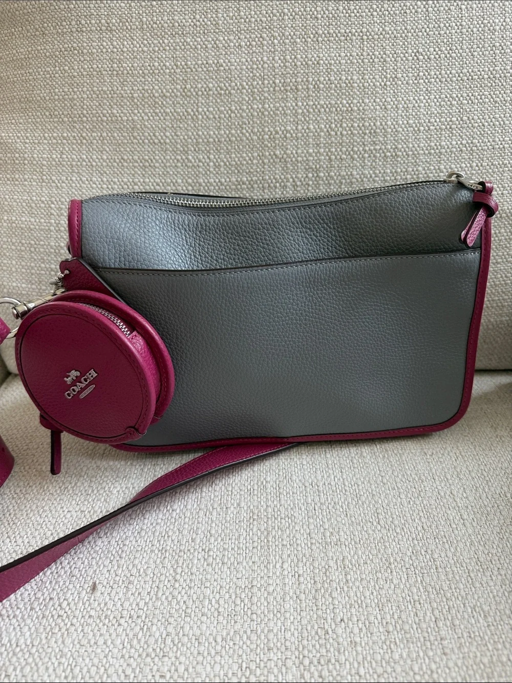 Coach Gray Pebbled Leather Crossbody with Magenta Trim